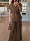 Loose Lace Up V-neck Short Sleeve Shirt Pleated Wide Leg Pants Set