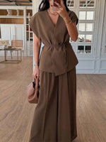 Loose Lace Up V-neck Short Sleeve Shirt Pleated Wide Leg Pants Set