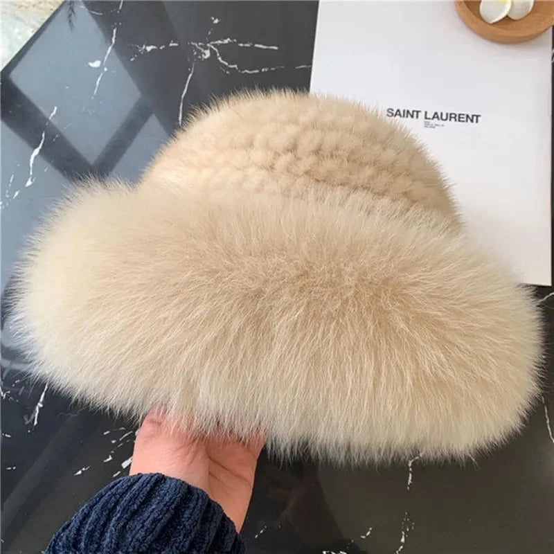 Natural Knitted Mink Fur Hat Cap Women Handmade Knit Headwear Beanies