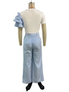 Stripe Print Flower Ruffle Sleeve Shirt Top and Wide Leg Pants 2pc Set