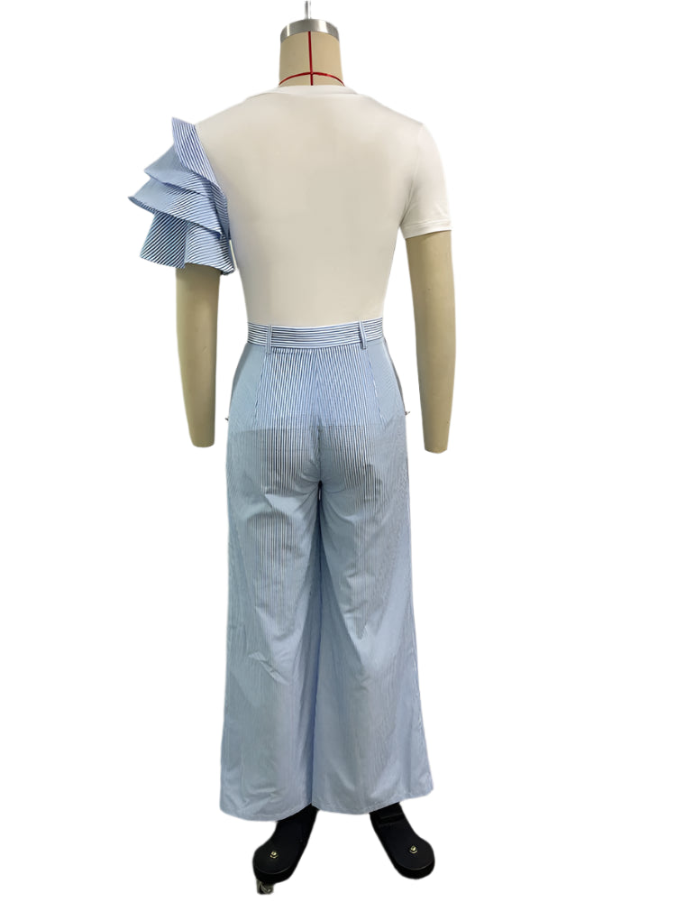 Stripe Print Flower Ruffle Sleeve Shirt Top and Wide Leg Pants 2pc Set