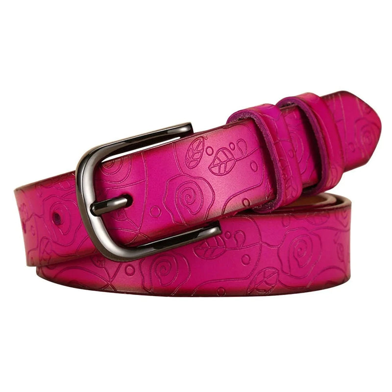 Floral Pattern Rose Genuine Leather Belt Women Pin Buckle Metal Belt