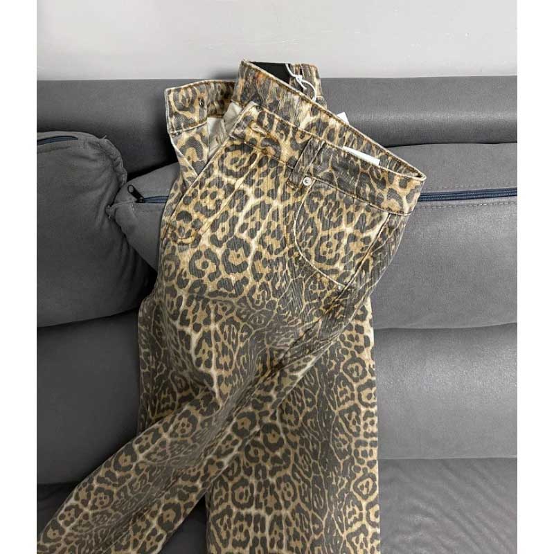 American Retro Leopard High Waist Baggy Jeans Women Casual Pants-Pants-Arimonz-Arimonz