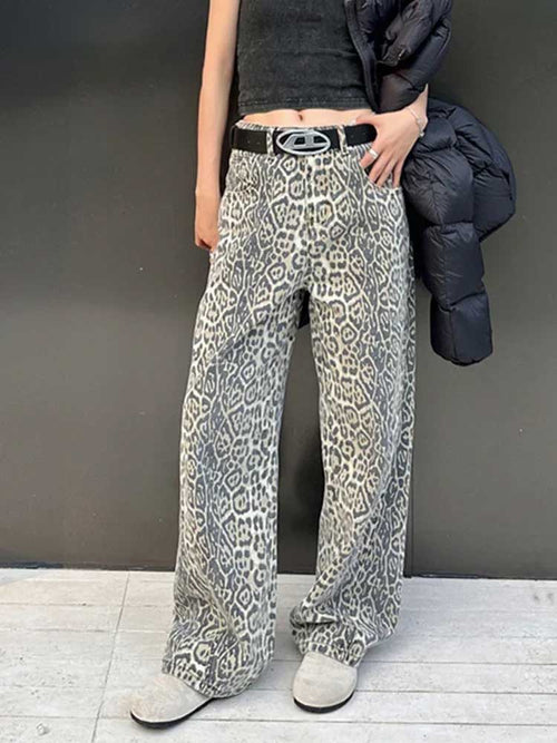 American Retro Leopard High Waist Baggy Jeans Women Casual Pants-Pants-Arimonz-Grey-4XL-Arimonz