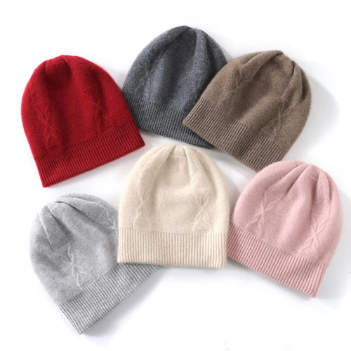 Autumn Winter Pure Cashmere Pullover Hat Knitted Warm Cashmere Beanies-Winter Hats-Arimonz-Arimonz