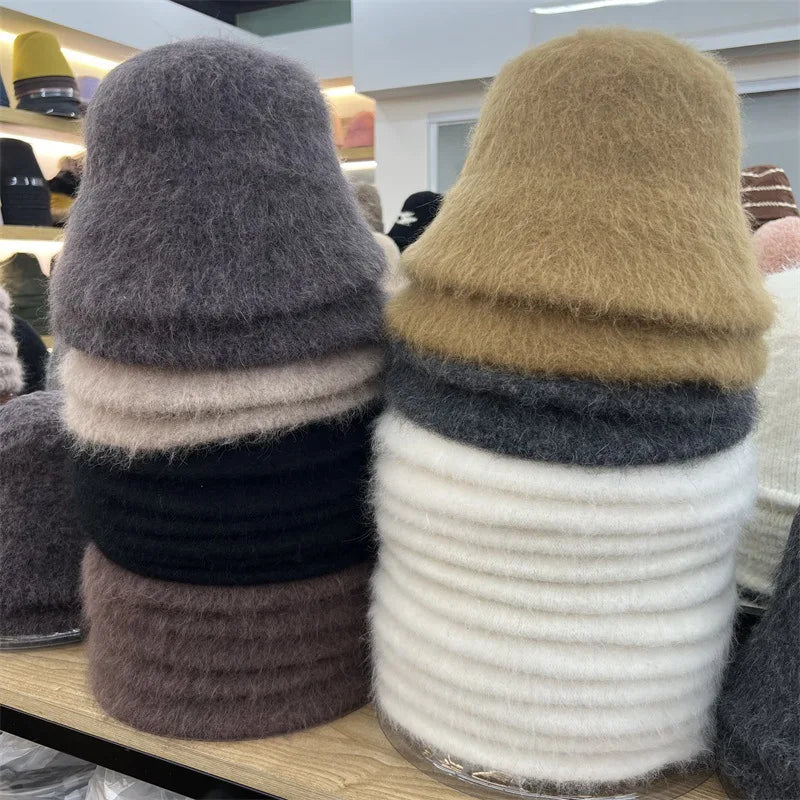 Autumn Winter Wool Fur Cap for Women Soft Warm Wool Basin Bucket Hat-Winter Hats-Arimonz-Arimonz