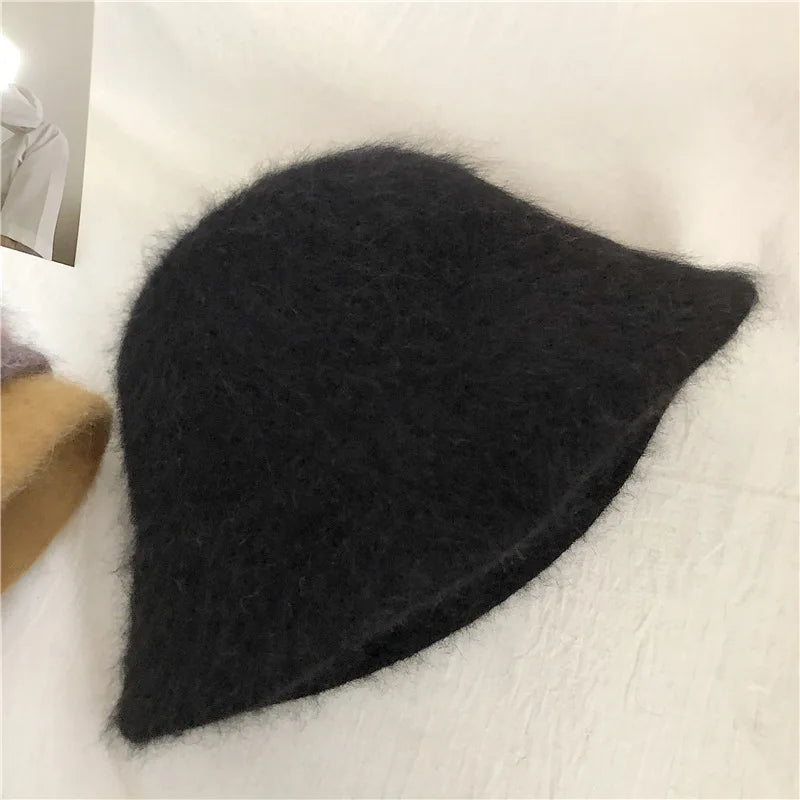 Autumn Winter Wool Fur Cap for Women Soft Warm Wool Basin Bucket Hat-Winter Hats-Arimonz-black-One Size-Arimonz