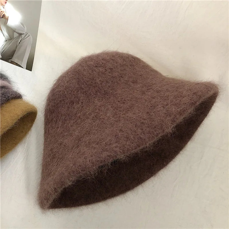 Autumn Winter Wool Fur Cap for Women Soft Warm Wool Basin Bucket Hat-Winter Hats-Arimonz-coffee-One Size-Arimonz