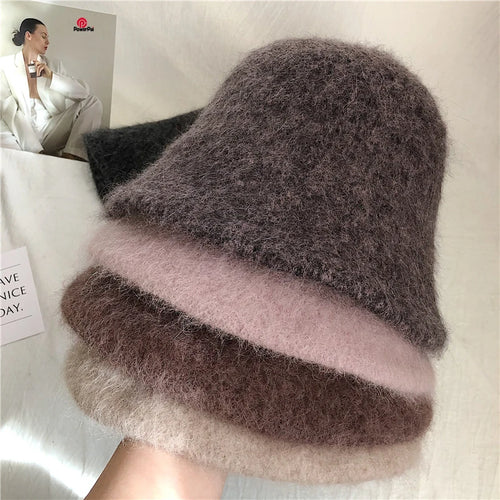 Autumn Winter Wool Fur Cap for Women Soft Warm Wool Basin Bucket Hat-Winter Hats-Arimonz-Arimonz