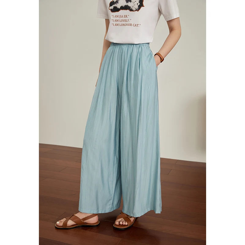 Women Thin Trousers Cool Draped Long Pants Elastic Waist Trouser