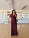 Loose Lace Up V-neck Short Sleeve Shirt Pleated Wide Leg Pants Set