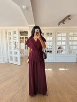Loose Lace Up V-neck Short Sleeve Shirt Pleated Wide Leg Pants Set