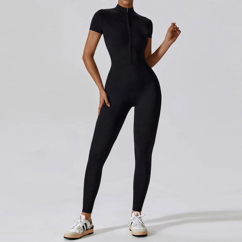 Yoga Set Women's Jumpsuits One-Piece Suit Zipper Short Sleeve Bodysuit