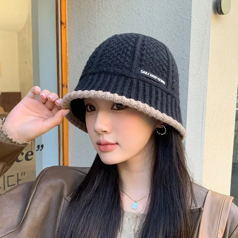 Winter Knitted Bucket Hat Warm Beanie for Women in Retro Style