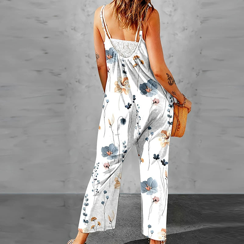 V-neck Pocket Beach Jumpsuit Romper Casual Printed Patchwork Romper