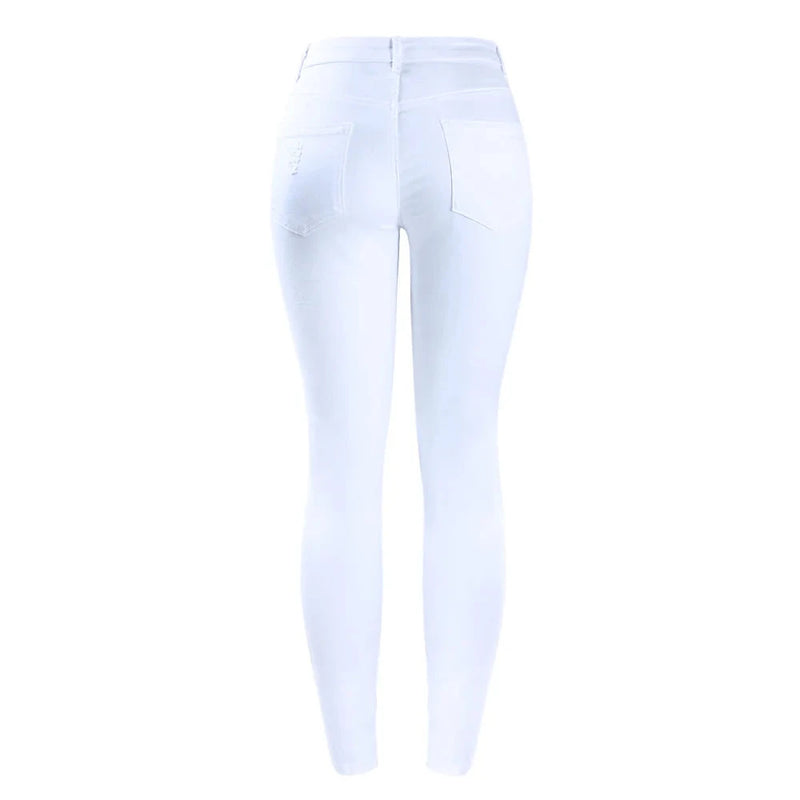 White Distressed Curvy Jeans Women Mid High Waist Stretch Denim Pants