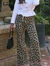 Leopard Flared Pants Women Street Button Zippers Pocket Female Trouser