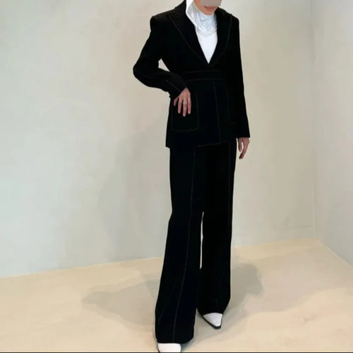 Beaded Trim Belted Suit Fashion Blazer and Pants Matching Outfit Set-Wear To Work Sets-Arimonz-Arimonz