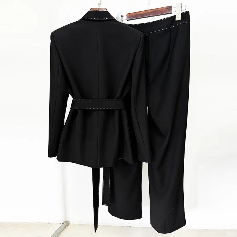 Beaded Trim Belted Suit Fashion Blazer and Pants Matching Outfit Set-Wear To Work Sets-Arimonz-Arimonz