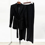Beaded Trim Belted Suit Fashion Blazer and Pants Matching Outfit Set-Wear To Work Sets-Arimonz-Black-S (US-4)-Arimonz