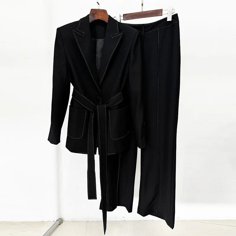 Beaded Trim Belted Suit Fashion Blazer and Pants Matching Outfit Set-Wear To Work Sets-Arimonz-Black-S (US-4)-Arimonz