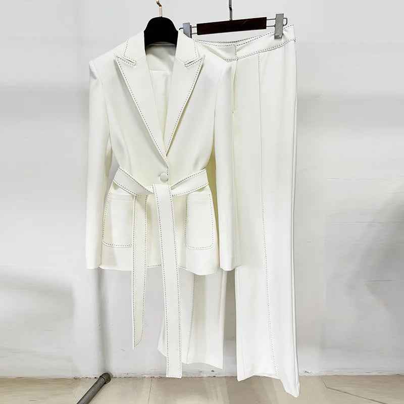 Beaded Trim Belted Suit Fashion Blazer and Pants Matching Outfit Set-Wear To Work Sets-Arimonz-White-S (US-4)-Arimonz