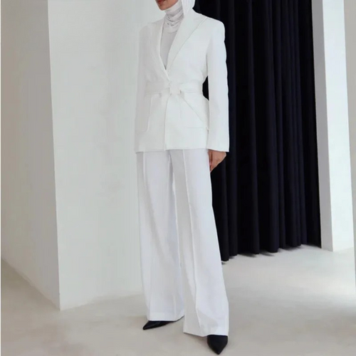 Beaded Trim Belted Suit Fashion Blazer and Pants Matching Outfit Set-Wear To Work Sets-Arimonz-Arimonz