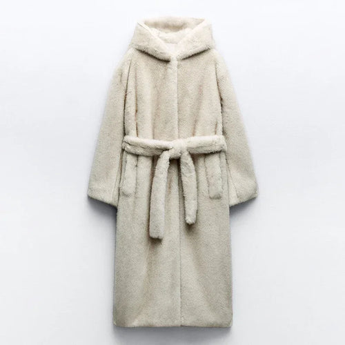 Beige Gradient Belted Faux Mink Fur Coat Warm Hooded Furry Fur Jacket-Fuzzy Jackets-Arimonz-Arimonz