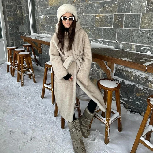 Beige Gradient Belted Faux Mink Fur Coat Warm Hooded Furry Fur Jacket-Fuzzy Jackets-Arimonz-Arimonz