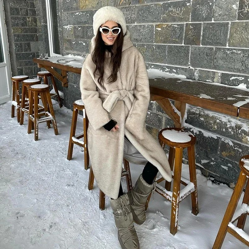 Beige Gradient Belted Faux Mink Fur Coat Warm Hooded Furry Fur Jacket-Fuzzy Jackets-Arimonz-Arimonz