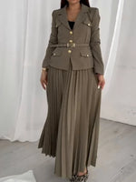 Belted Full Sleeve Blazer and Maxi Long Pleated Skirt Two-piece Set-Wear To Work Sets-Arimonz-Arimonz