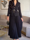 Belted Full Sleeve Blazer and Maxi Long Pleated Skirt Two-piece Set-Wear To Work Sets-Arimonz-Black-XS-Arimonz