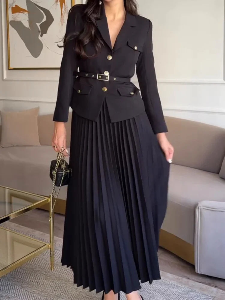 Belted Full Sleeve Blazer and Maxi Long Pleated Skirt Two-piece Set-Wear To Work Sets-Arimonz-Black-XS-Arimonz