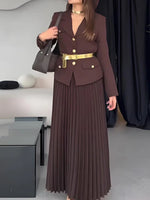 Belted Full Sleeve Blazer and Maxi Long Pleated Skirt Two-piece Set-Wear To Work Sets-Arimonz-Dark Brown-XS-Arimonz
