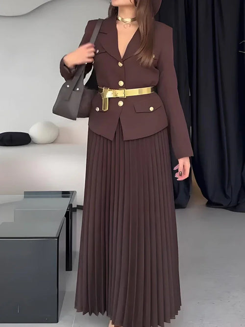 Belted Full Sleeve Blazer and Maxi Long Pleated Skirt Two-piece Set-Wear To Work Sets-Arimonz-Dark Brown-XS-Arimonz