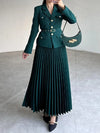 Belted Full Sleeve Blazer and Maxi Long Pleated Skirt Two-piece Set-Wear To Work Sets-Arimonz-Green-XS-Arimonz