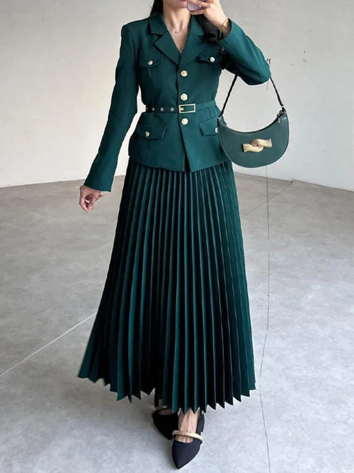 Belted Full Sleeve Blazer and Maxi Long Pleated Skirt Two-piece Set-Wear To Work Sets-Arimonz-Green-XS-Arimonz