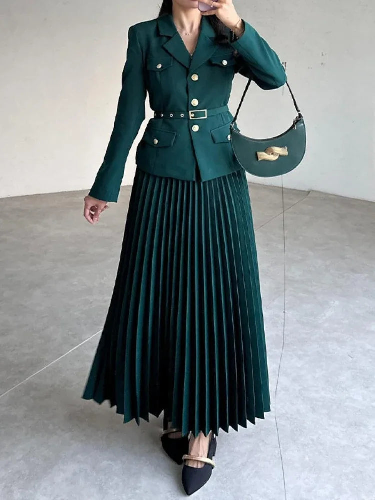 Belted Full Sleeve Blazer and Maxi Long Pleated Skirt Two-piece Set-Wear To Work Sets-Arimonz-Green-XS-Arimonz