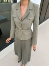 Belted Full Sleeve Blazer and Maxi Long Pleated Skirt Two-piece Set-Wear To Work Sets-Arimonz-Matcha color-XS-Arimonz