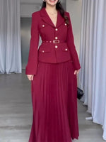 Belted Full Sleeve Blazer and Maxi Long Pleated Skirt Two-piece Set-Wear To Work Sets-Arimonz-Red-XS-Arimonz