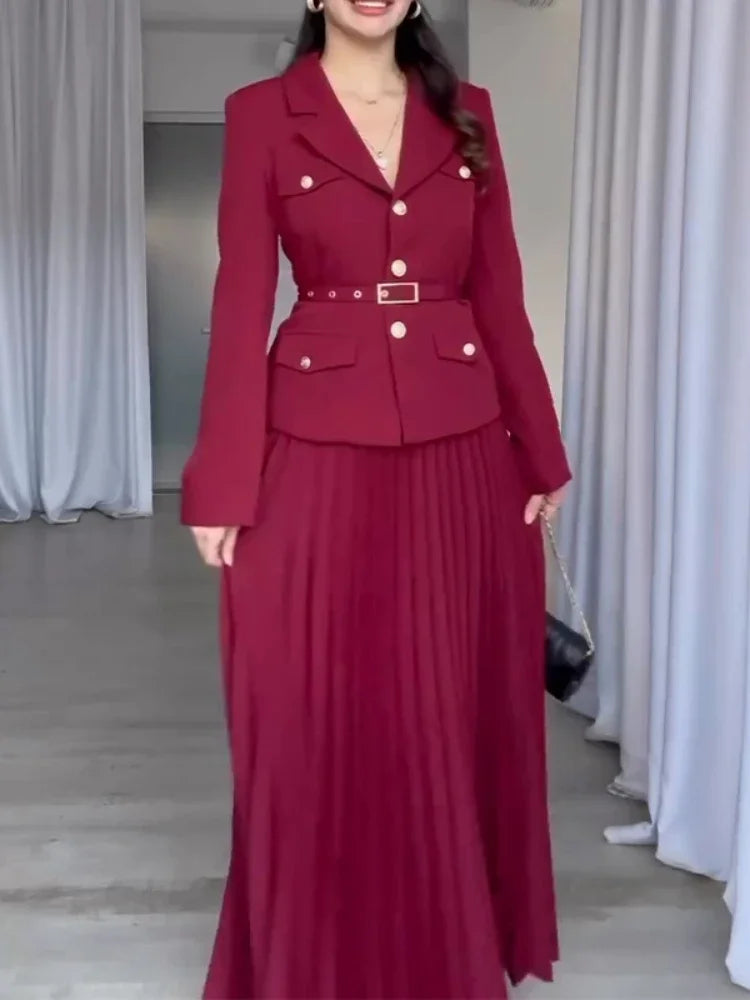 Belted Full Sleeve Blazer and Maxi Long Pleated Skirt Two-piece Set-Wear To Work Sets-Arimonz-Red-XS-Arimonz
