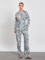 Belted Long Sleeve Shirt with Wide Leg Pants Office Outfit Loungewear-Wear To Work Sets-Arimonz-Arimonz