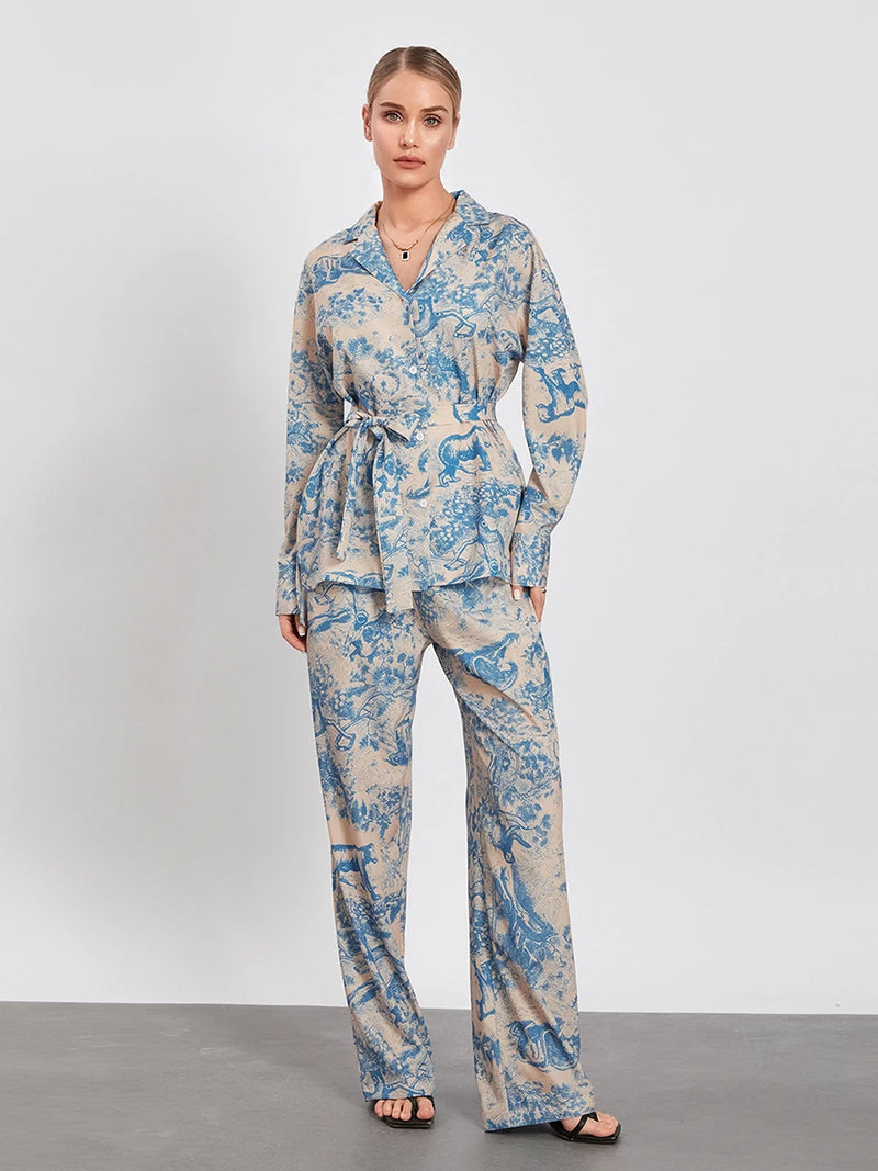 Belted Long Sleeve Shirt with Wide Leg Pants Office Outfit Loungewear-Wear To Work Sets-Arimonz-Arimonz