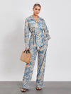 Belted Long Sleeve Shirt with Wide Leg Pants Office Outfit Loungewear-Wear To Work Sets-Arimonz-Arimonz