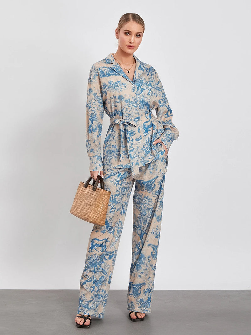 Belted Long Sleeve Shirt with Wide Leg Pants Office Outfit Loungewear-Wear To Work Sets-Arimonz-Arimonz