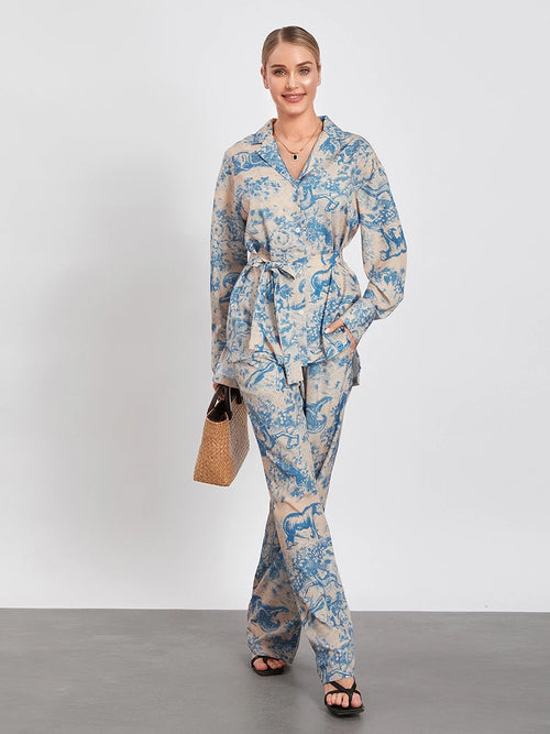 Belted Long Sleeve Shirt with Wide Leg Pants Office Outfit Loungewear-Wear To Work Sets-Arimonz-Blue-M-Arimonz