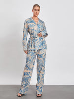 Belted Long Sleeve Shirt with Wide Leg Pants Office Outfit Loungewear-Wear To Work Sets-Arimonz-Arimonz