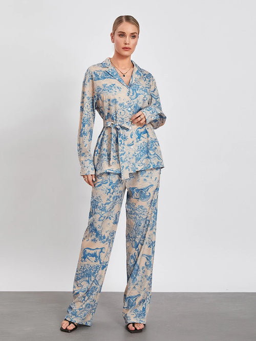 Belted Long Sleeve Shirt with Wide Leg Pants Office Outfit Loungewear-Wear To Work Sets-Arimonz-Arimonz