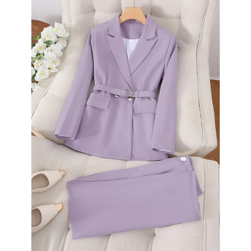 Belted Office Suit Set Solid Color Blazer and Long Trousers Pants Set-Wear To Work Sets-Arimonz-Arimonz