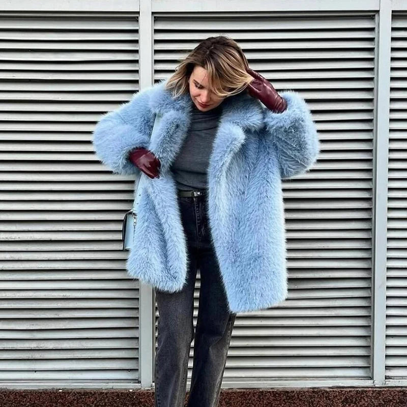 Best Quality Thick Warm Faux Fur Overcoat with Collar Outerwear Jacket-Fuzzy Jackets-Arimonz-baby blue fur coat-S-Arimonz
